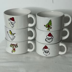 Set of 6 Grinch Christmas Ceramic Soup Mugs Assorted Graphics Hand Wash Only